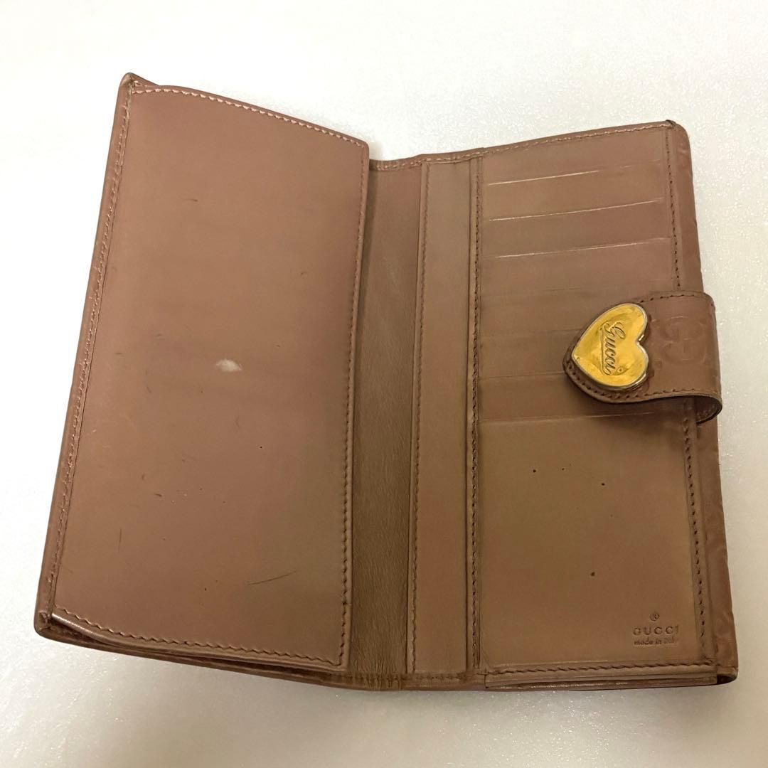 【大人お洒落】グッチ 長財布 シマレザー ハート金具 GG柄 ブロンズ