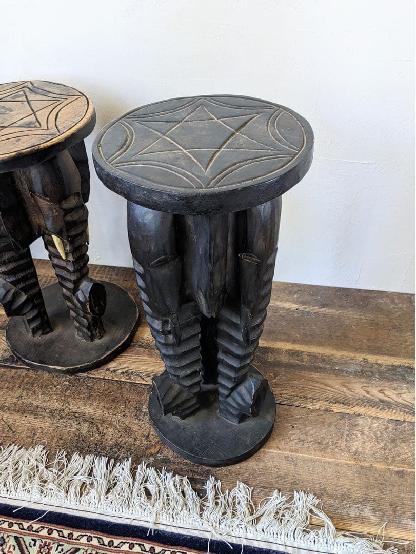 アルベシア材のゾウのスツール 2脚セット 木製