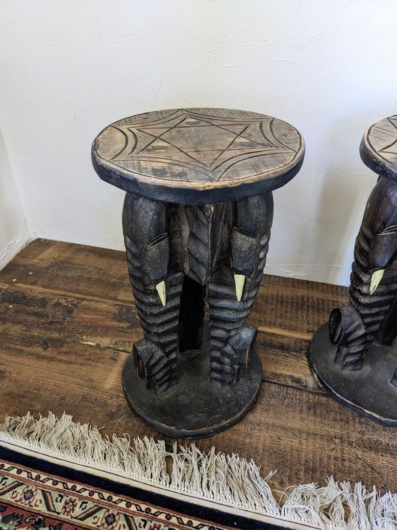 アルベシア材のゾウのスツール 2脚セット 木製