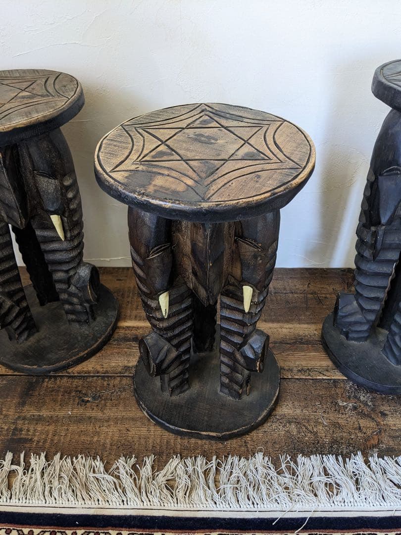 アルベシア材のゾウのスツール 2脚セット 木製