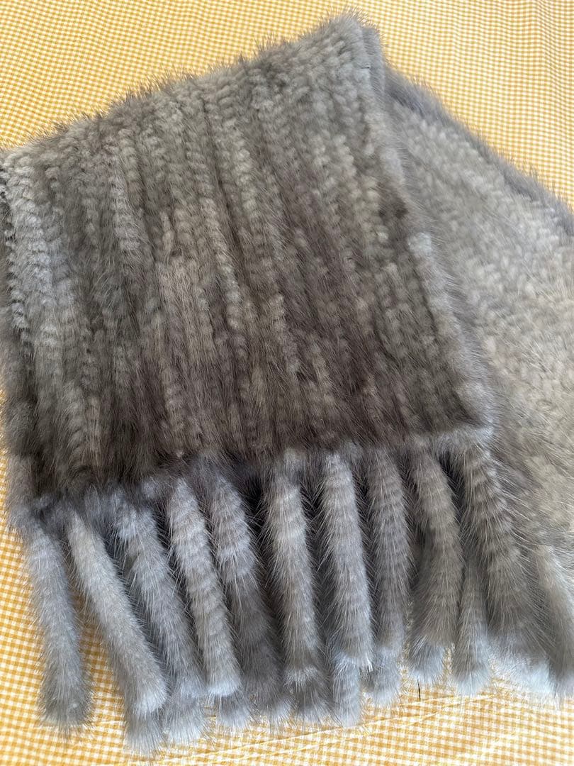 毛皮ミンク ショール フリンジ付き ストール ホワイトグレー系