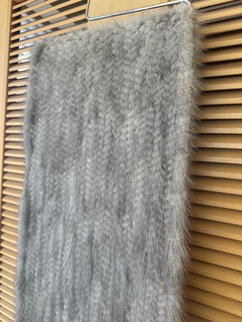 毛皮ミンク ショール フリンジ付き ストール ホワイトグレー系