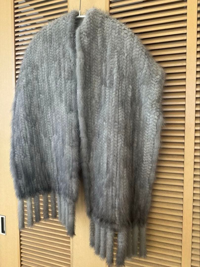 毛皮ミンク ショール フリンジ付き ストール ホワイトグレー系