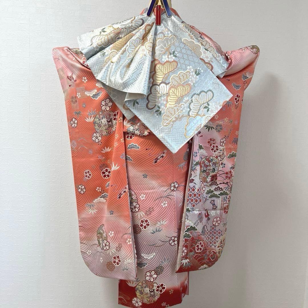 480 振袖フルセット 正絹 コーラルピンク オレンジ 橙 桃 金銀彩 暈し染め