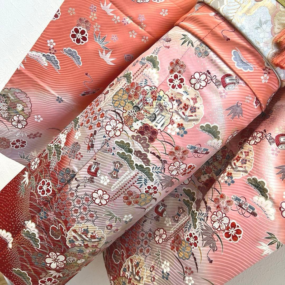 480 振袖フルセット 正絹 コーラルピンク オレンジ 橙 桃 金銀彩 暈し染め