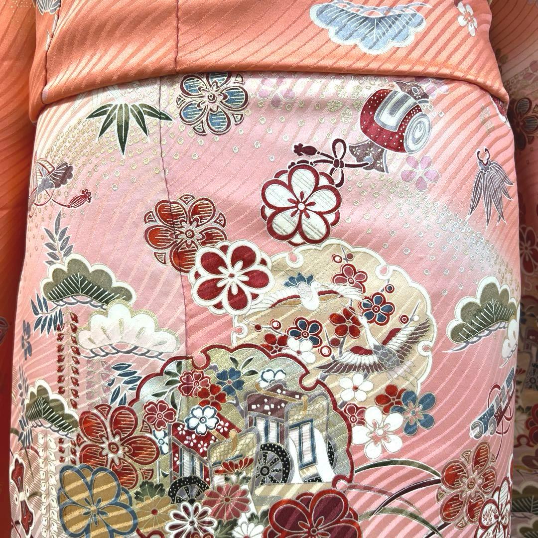 480 振袖フルセット 正絹 コーラルピンク オレンジ 橙 桃 金銀彩 暈し染め