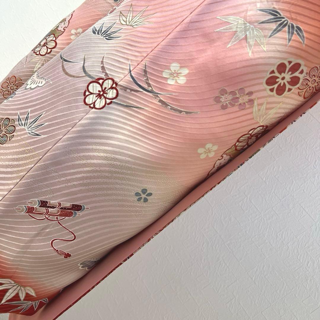 480 振袖フルセット 正絹 コーラルピンク オレンジ 橙 桃 金銀彩 暈し染め