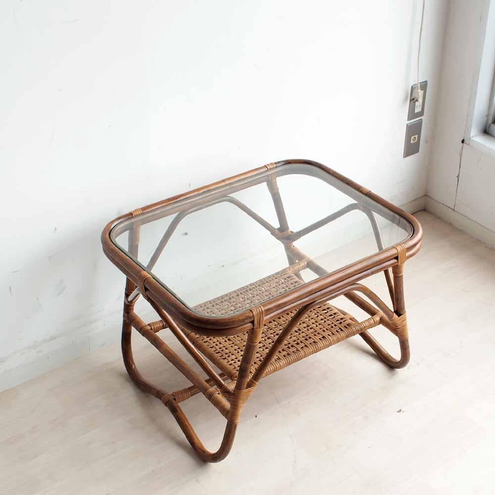 ビンテージ ラタンのコーヒーテーブル ガラス天板 籐 レトロ ZR24200