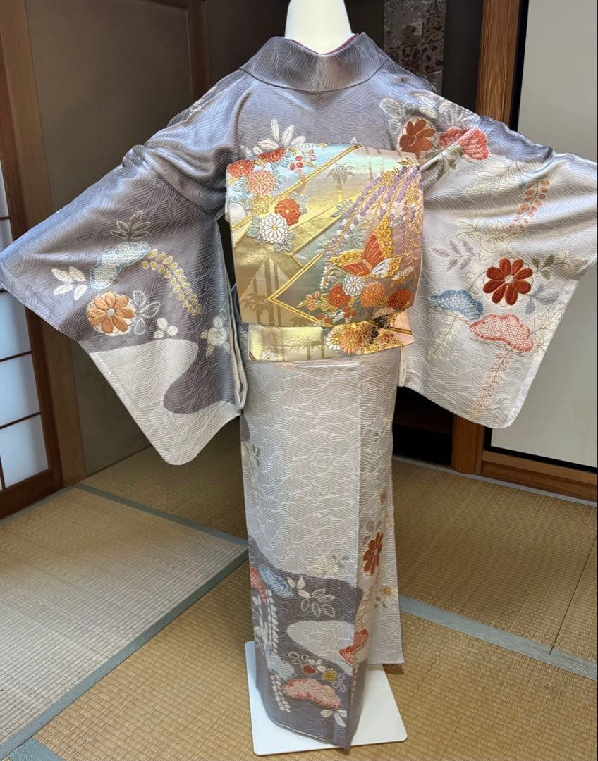 フォーマル５点フルセット 正絹訪問着　袋帯　帯締め帯揚げ　重ね襟