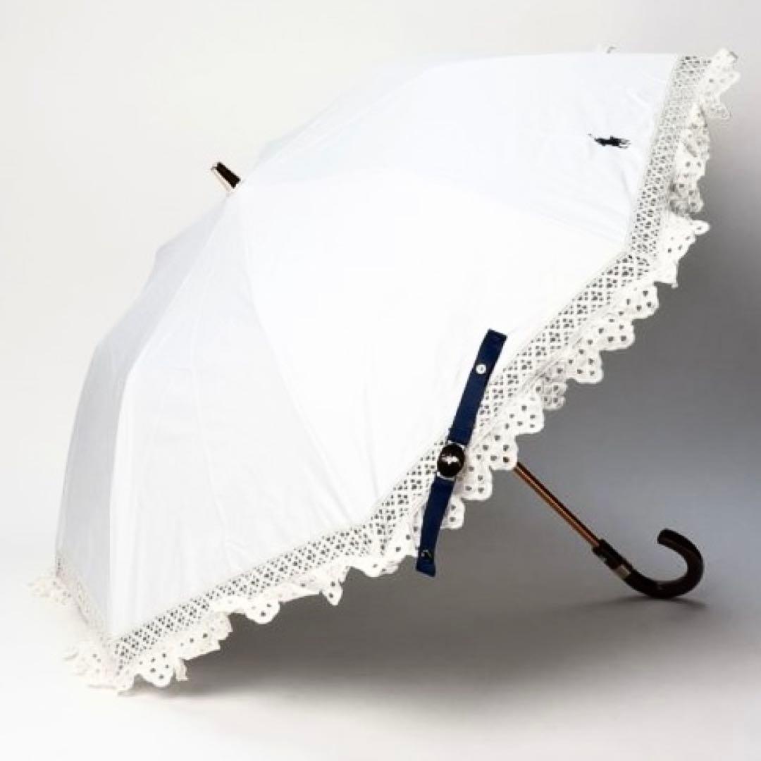 新品★ポロラルフローレン★エンブロイダリーフリル晴雨兼用2段折りたたみ傘日傘★白
