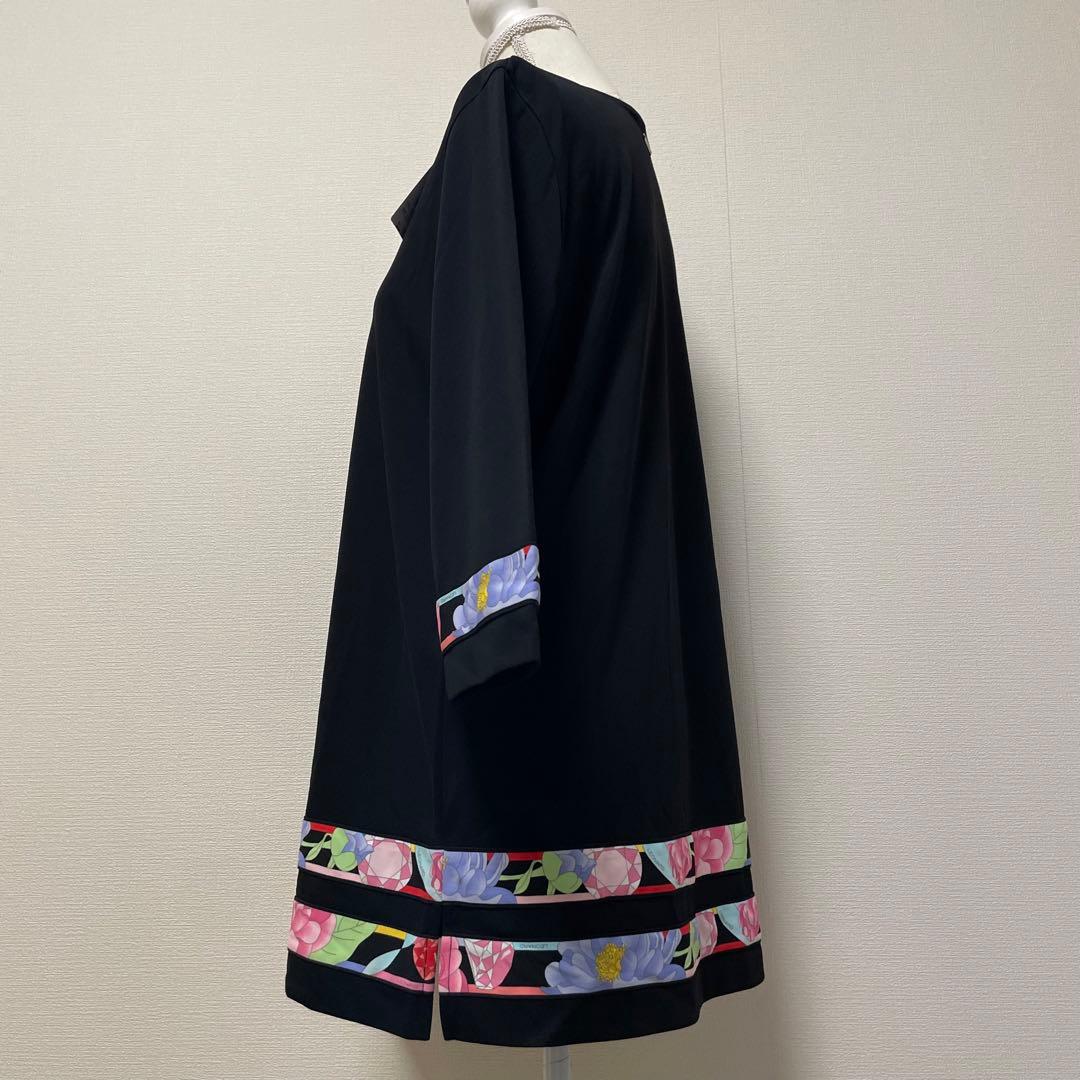 タグ付　レオナール　チュニック　花柄　トリム　七分袖　UVカット　ブラック　XL