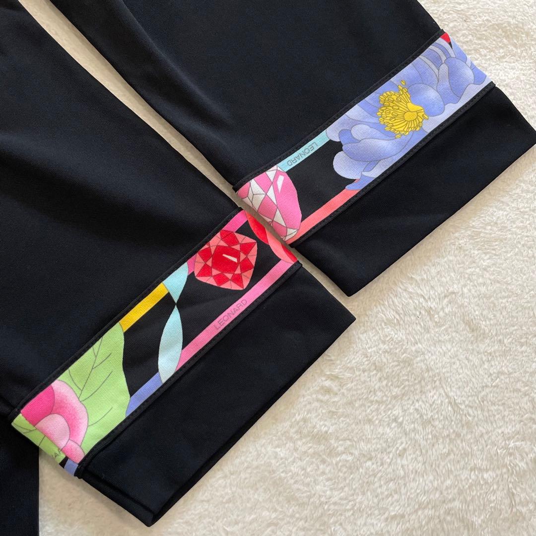 タグ付　レオナール　チュニック　花柄　トリム　七分袖　UVカット　ブラック　XL