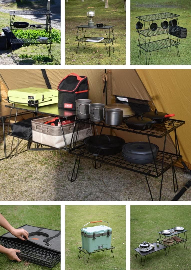 3段スチールラック ブラック フィールドラック 軽量 薄型 3点 収納付き