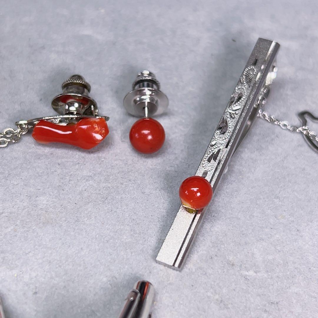 薔*薇様 豪華 珊瑚 ネクタイピン カフス セット 銀製 刻印 赤珊瑚 金石 紳