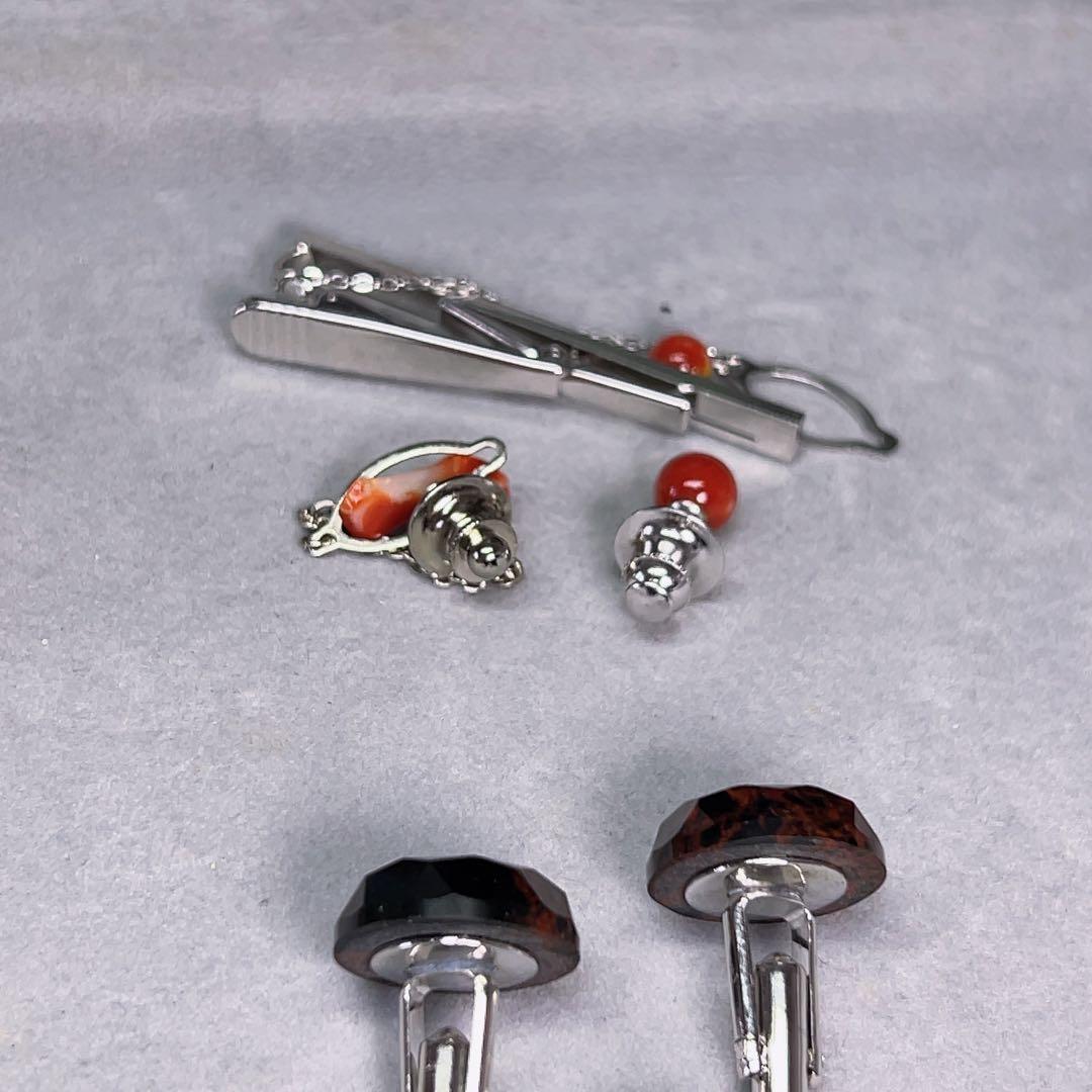 薔*薇様 豪華 珊瑚 ネクタイピン カフス セット 銀製 刻印 赤珊瑚 金石 紳
