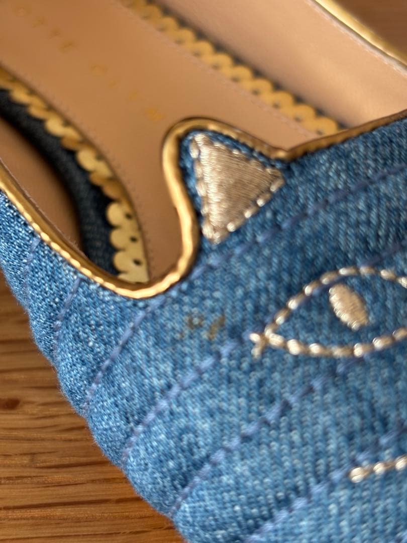 シャルロットオリンピア猫の顔刺繍デニムフラットシューズ