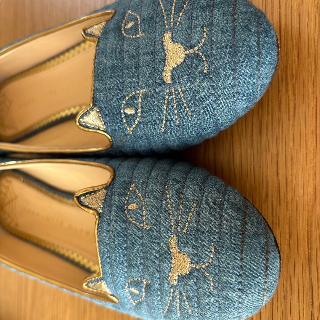 シャルロットオリンピア猫の顔刺繍デニムフラットシューズ