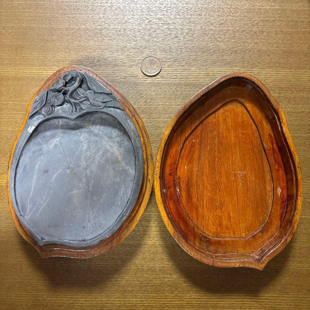 端渓硯　老坑　卵型 硯箱 鳥の彫刻付き