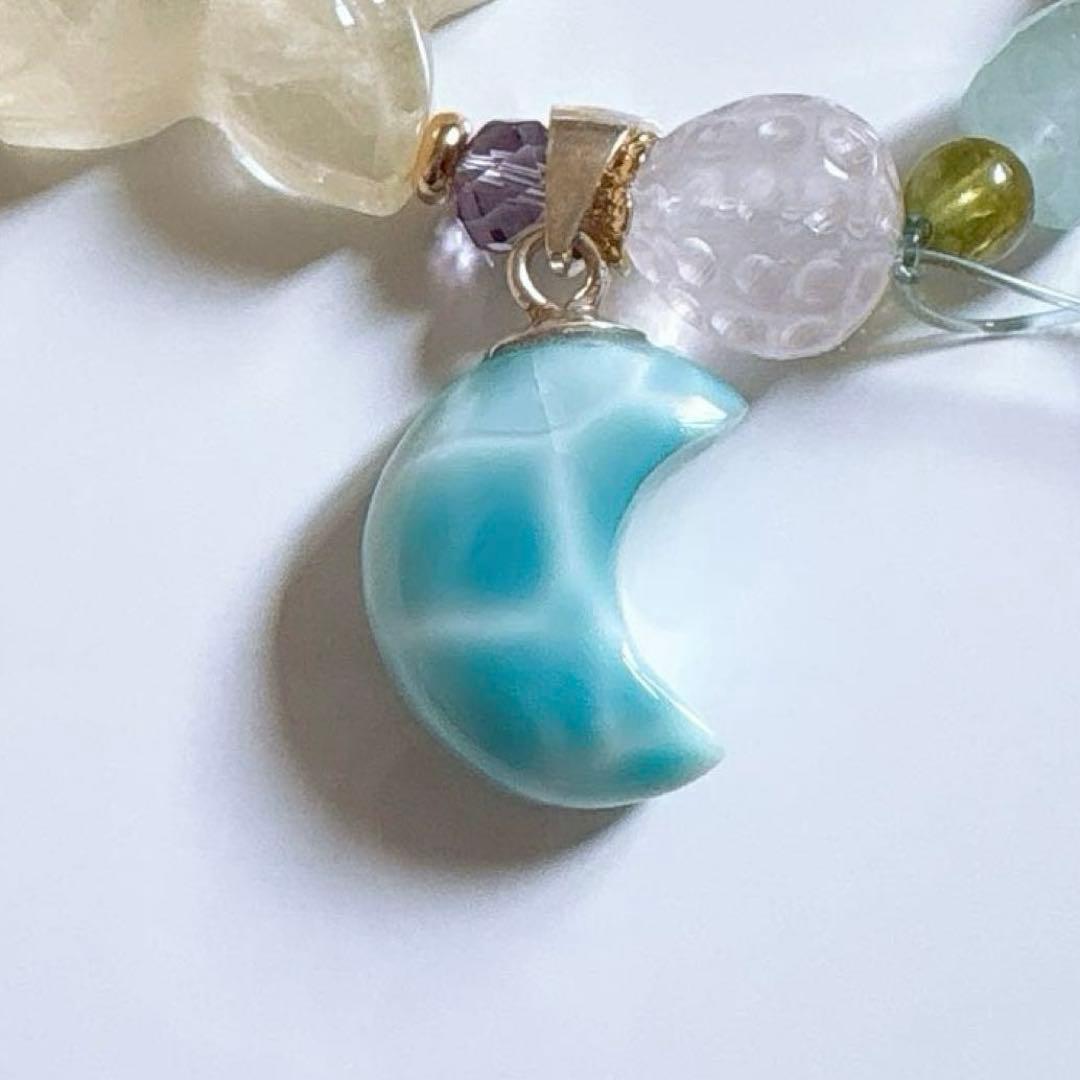 ラリマー お月様シルバー925高品質＆シトリン プルメリア天然石ブレスレット