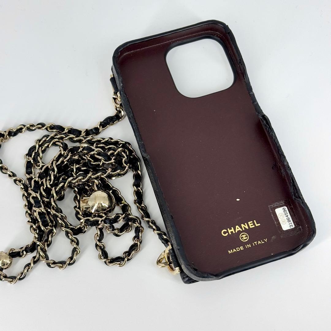 CHANEL キャビアスキン iPhone 13 pro ケース チェーン 黒