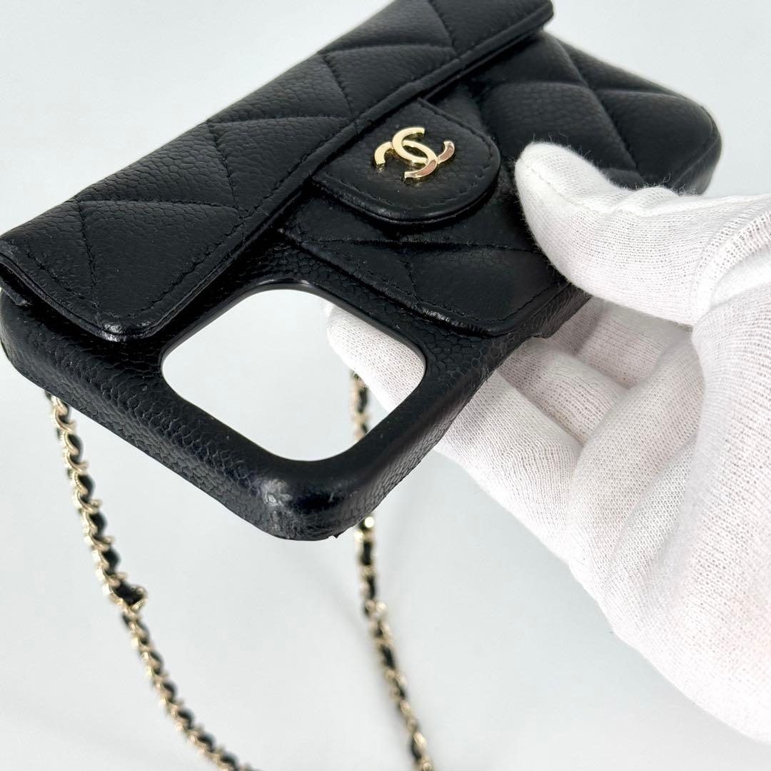 CHANEL キャビアスキン iPhone 13 pro ケース チェーン 黒