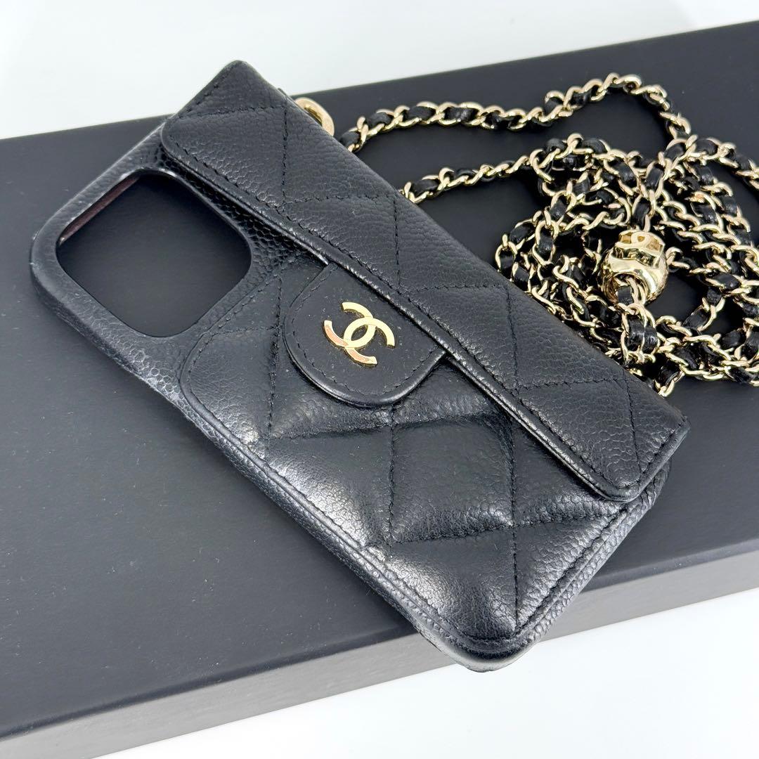 CHANEL キャビアスキン iPhone 13 pro ケース チェーン 黒