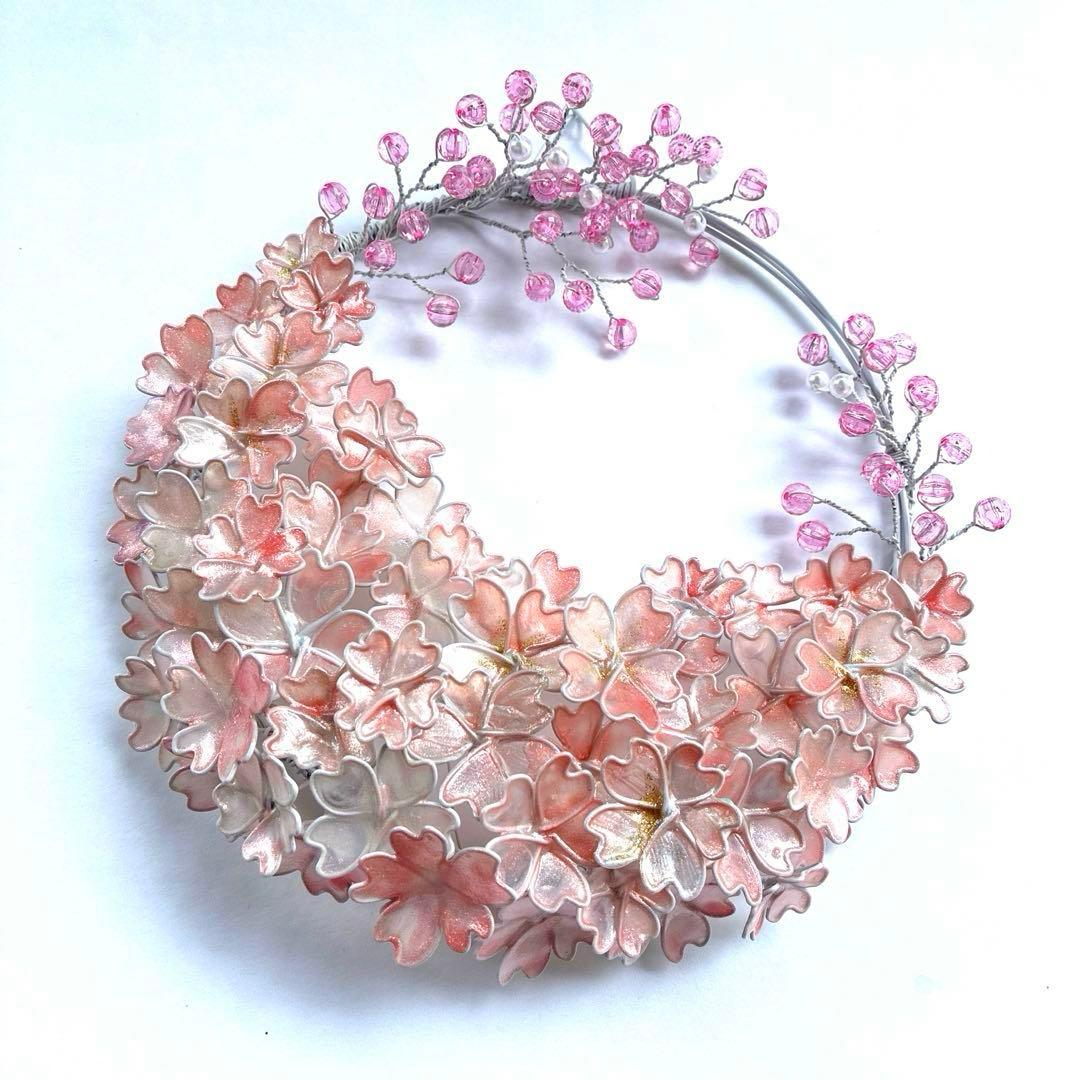 雪上桜リース　ワイヤークラフト　ディップアート　アート　壁飾り　Frozen