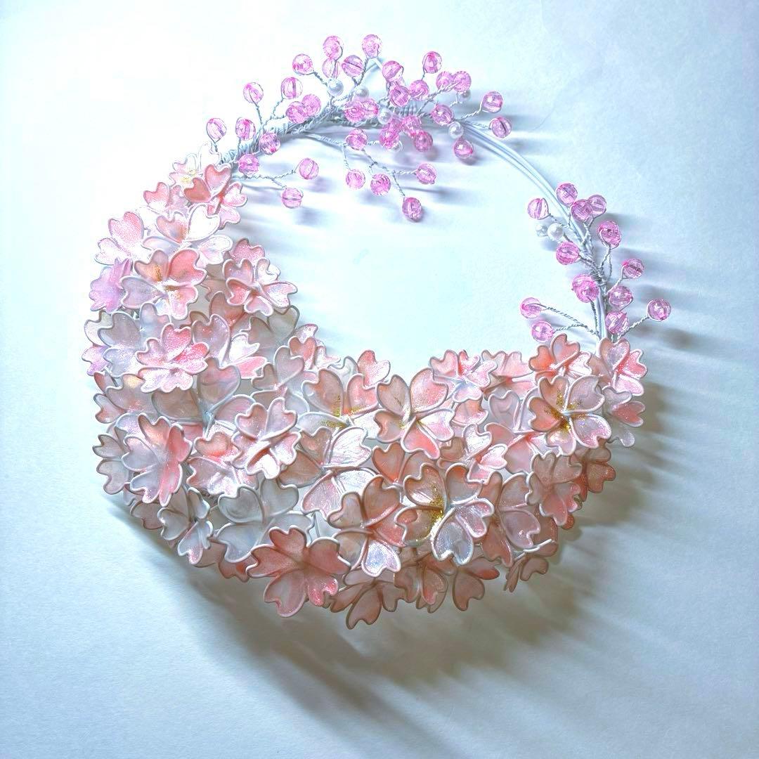 雪上桜リース　ワイヤークラフト　ディップアート　アート　壁飾り　Frozen