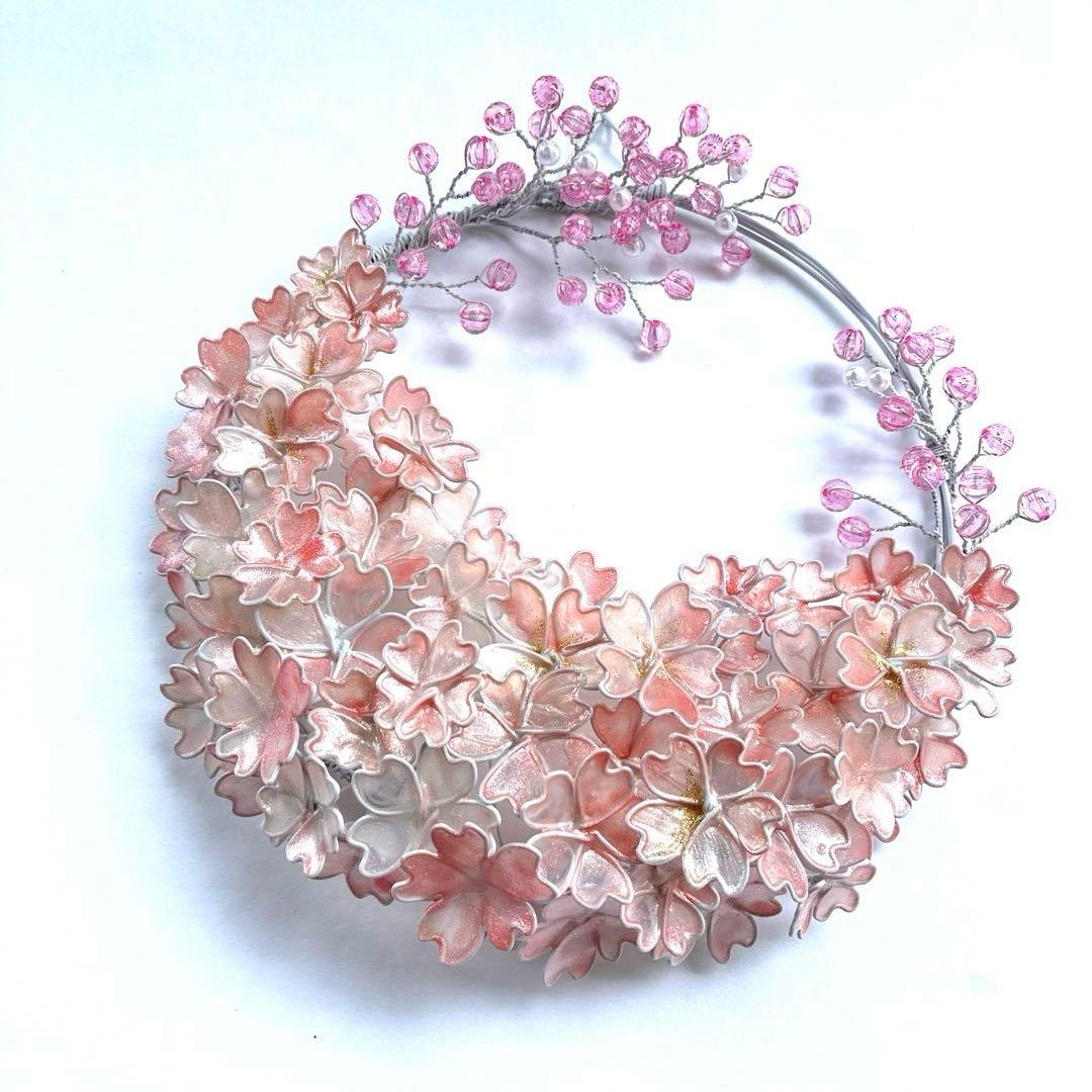 雪上桜リース　ワイヤークラフト　ディップアート　アート　壁飾り　Frozen