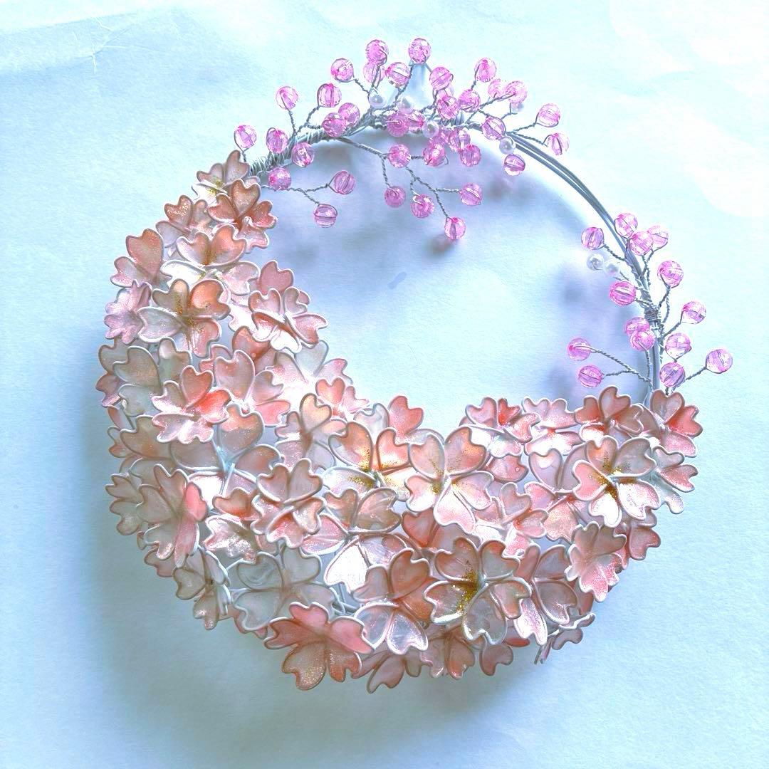 雪上桜リース　ワイヤークラフト　ディップアート　アート　壁飾り　Frozen