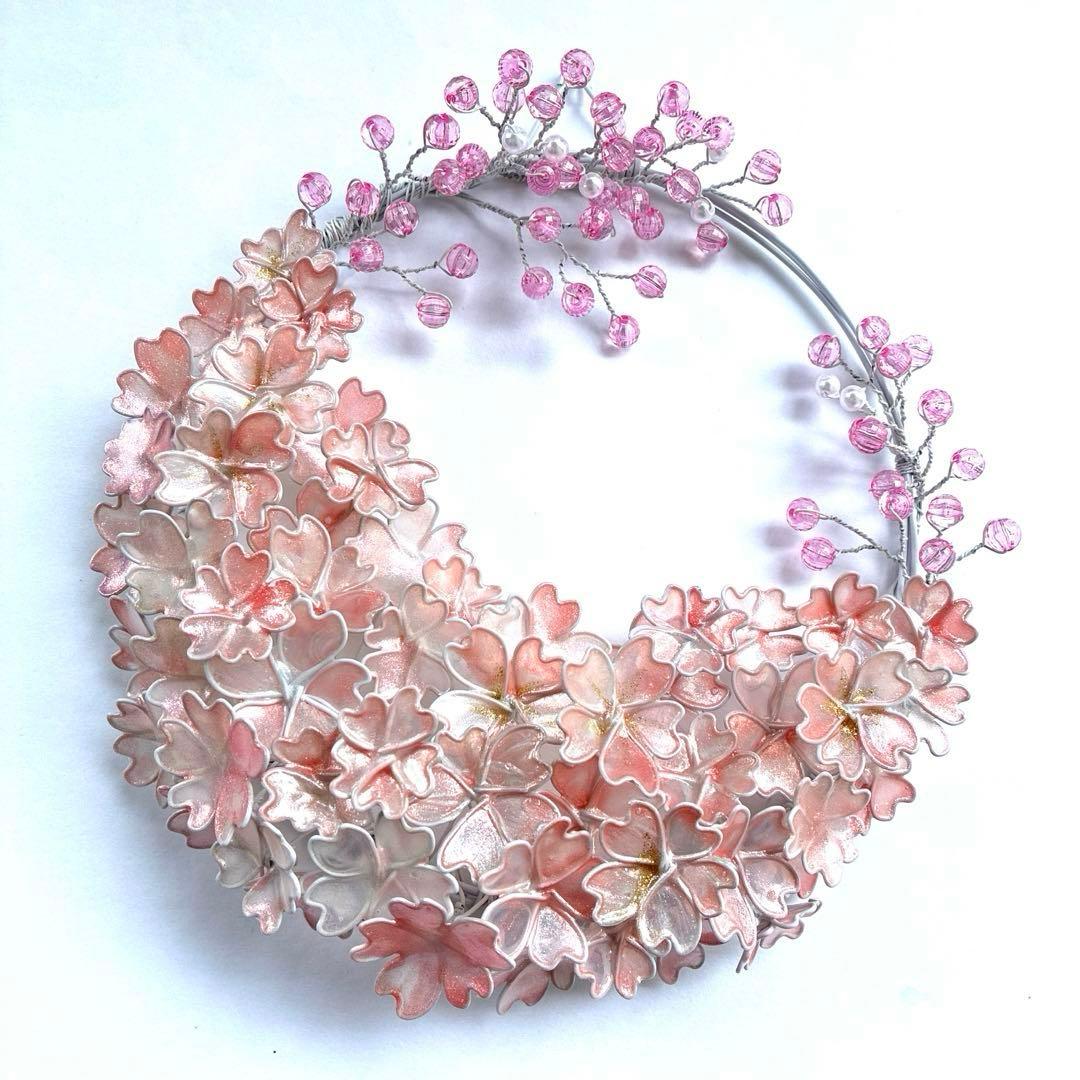 雪上桜リース　ワイヤークラフト　ディップアート　アート　壁飾り　Frozen