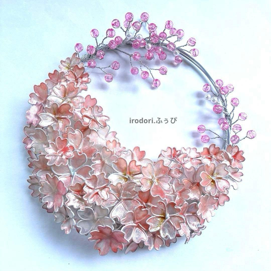 雪上桜リース　ワイヤークラフト　ディップアート　アート　壁飾り　Frozen