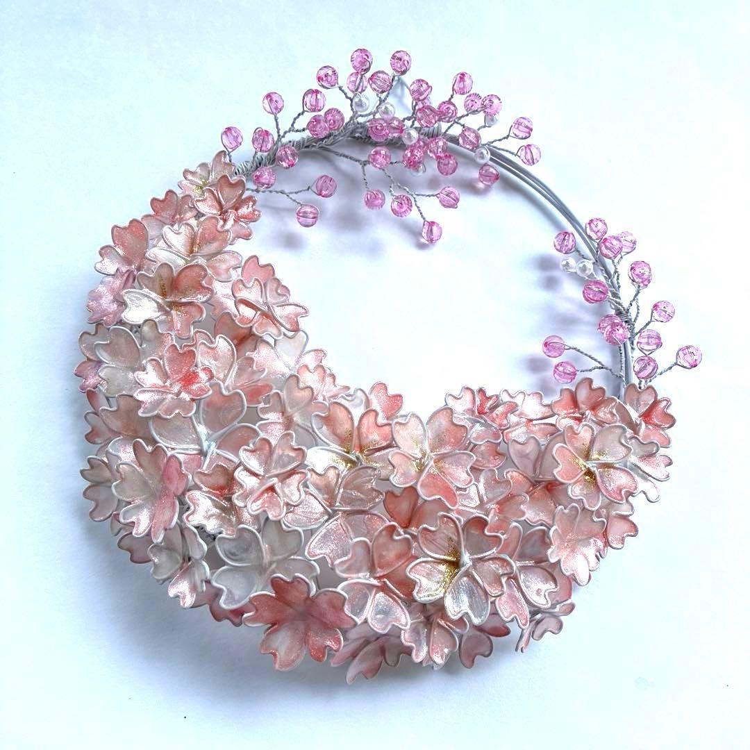 雪上桜リース　ワイヤークラフト　ディップアート　アート　壁飾り　Frozen