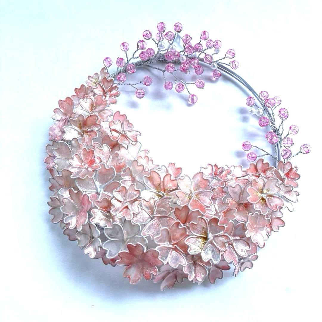 雪上桜リース　ワイヤークラフト　ディップアート　アート　壁飾り　Frozen