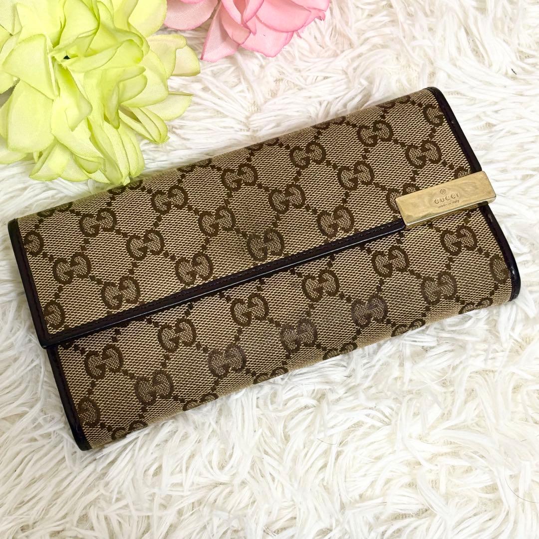 GUCCI グッチ 長財布 GGキャンバス ロゴプレート　レザー　金具
