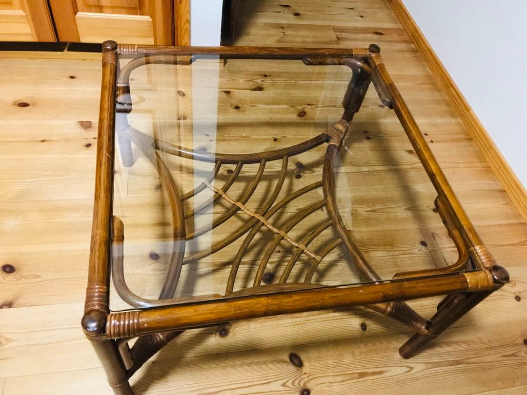 【ラタン】ガラステーブル