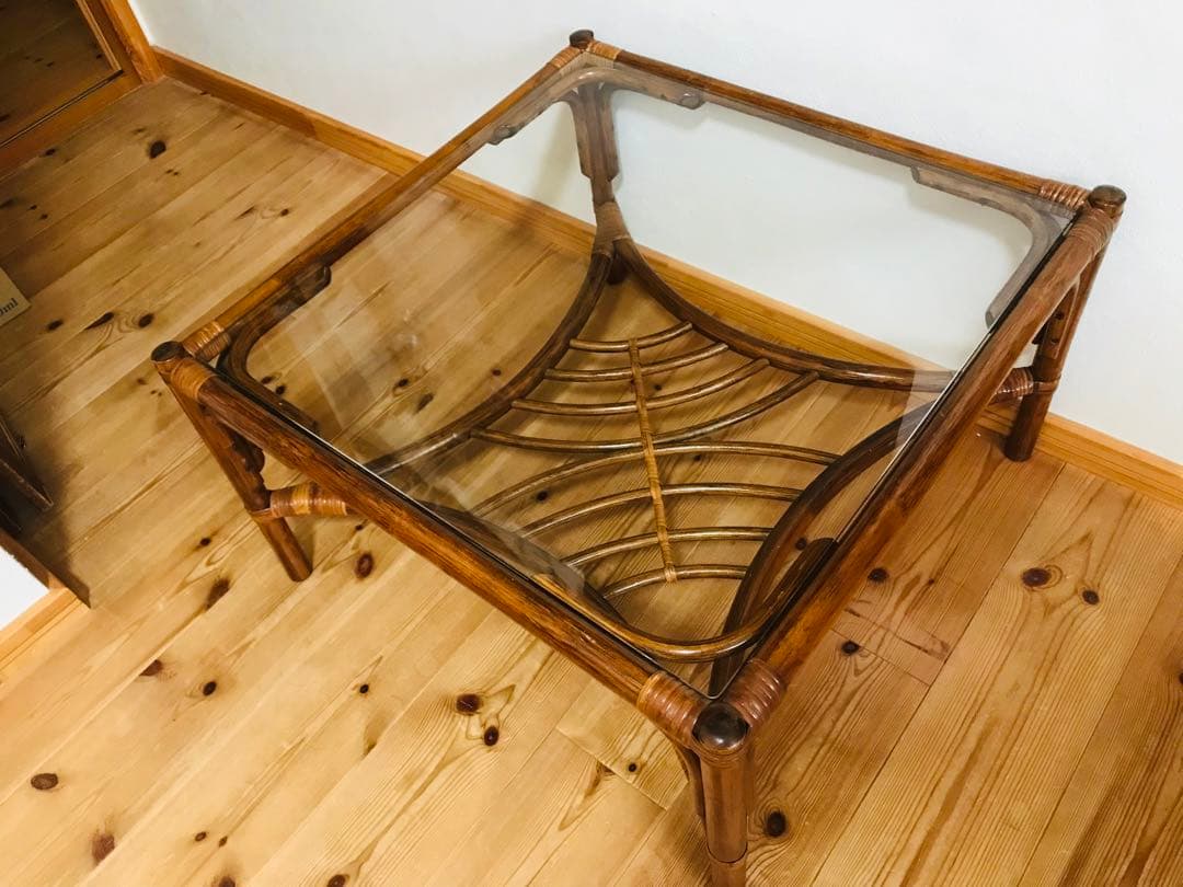 【ラタン】ガラステーブル