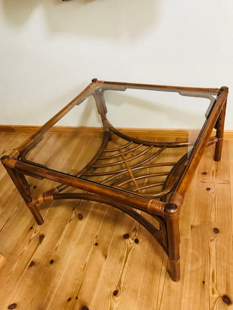 【ラタン】ガラステーブル