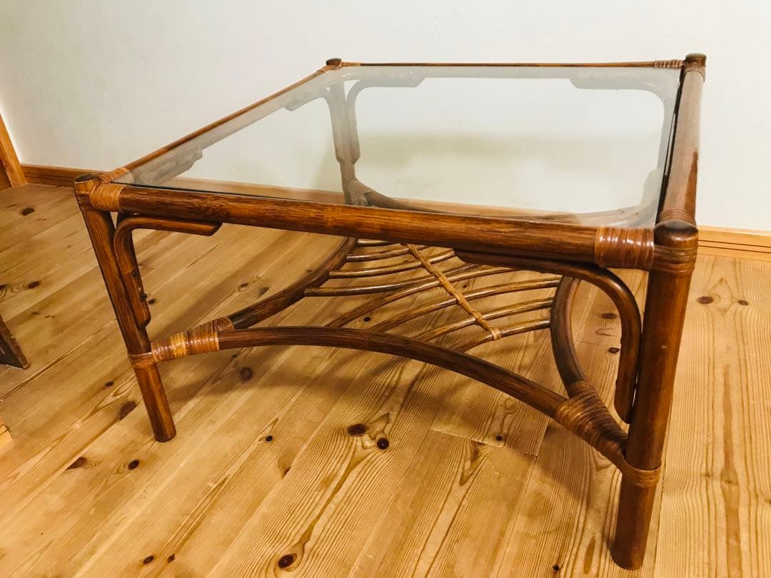 【ラタン】ガラステーブル