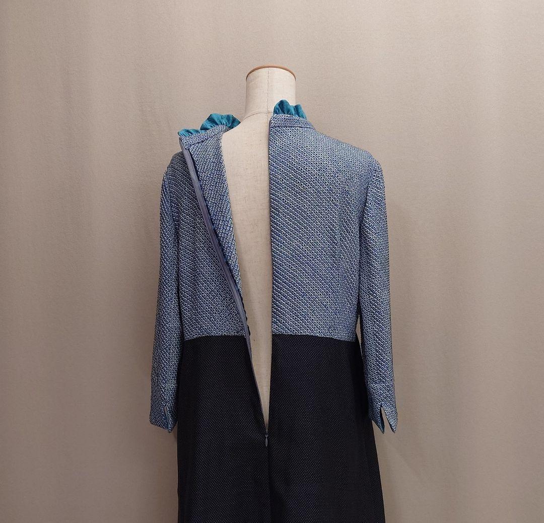 着物リメイク フリルカラーのプリーツワンピースと配色ジャケット