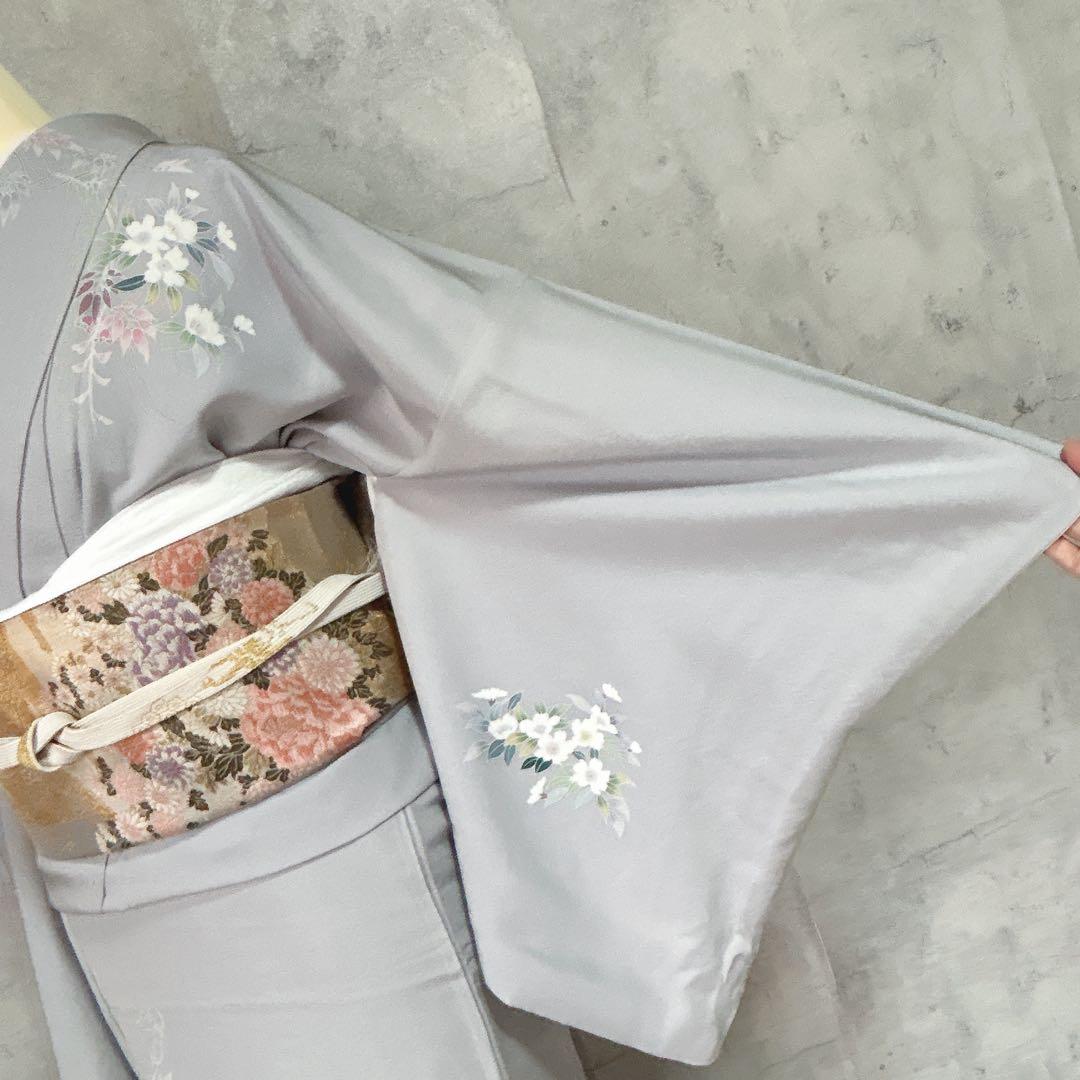 訪問着フルセット　着物　三越　正絹　桜　友禅染　灰青　入学式　卒業式　p3