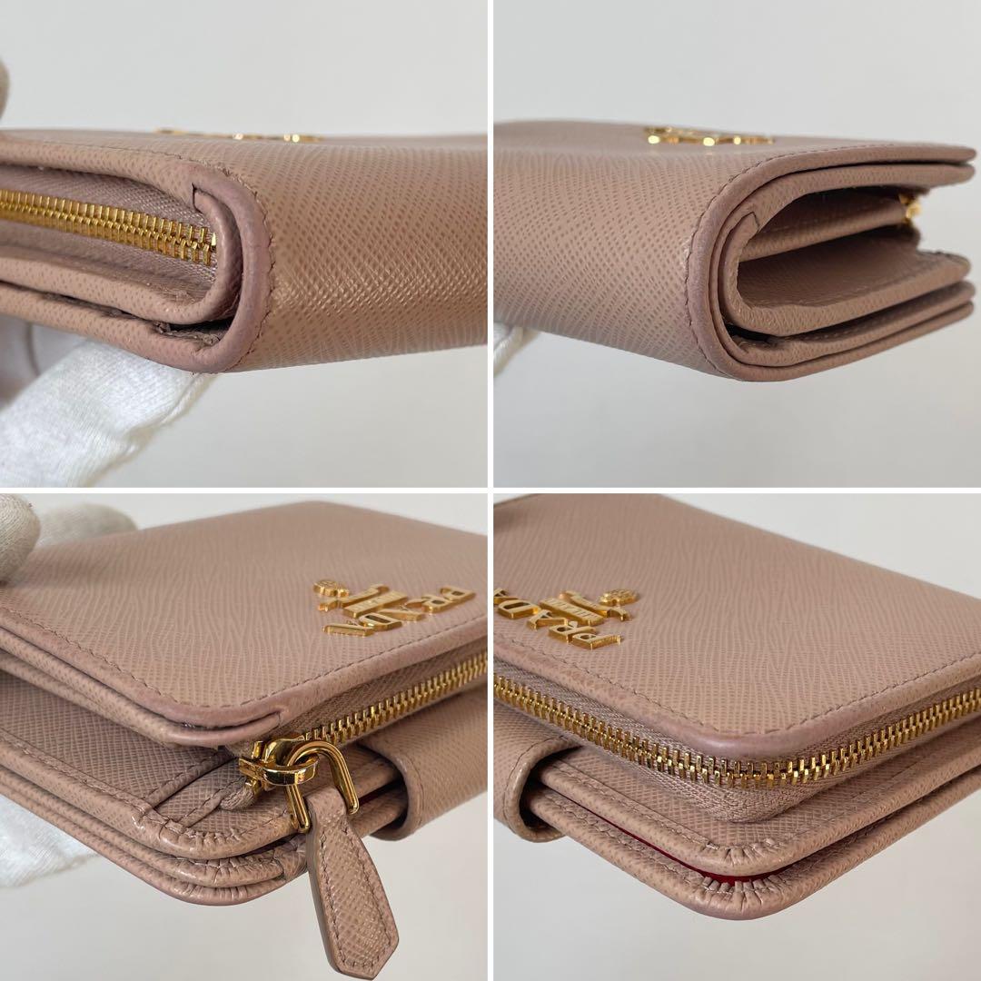 【美品】プラダ 二つ折り財布 サフィアーノ ベージュ レッド 1ML018