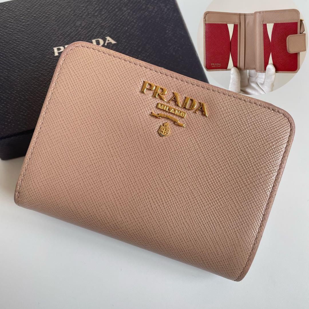 【美品】プラダ 二つ折り財布 サフィアーノ ベージュ レッド 1ML018