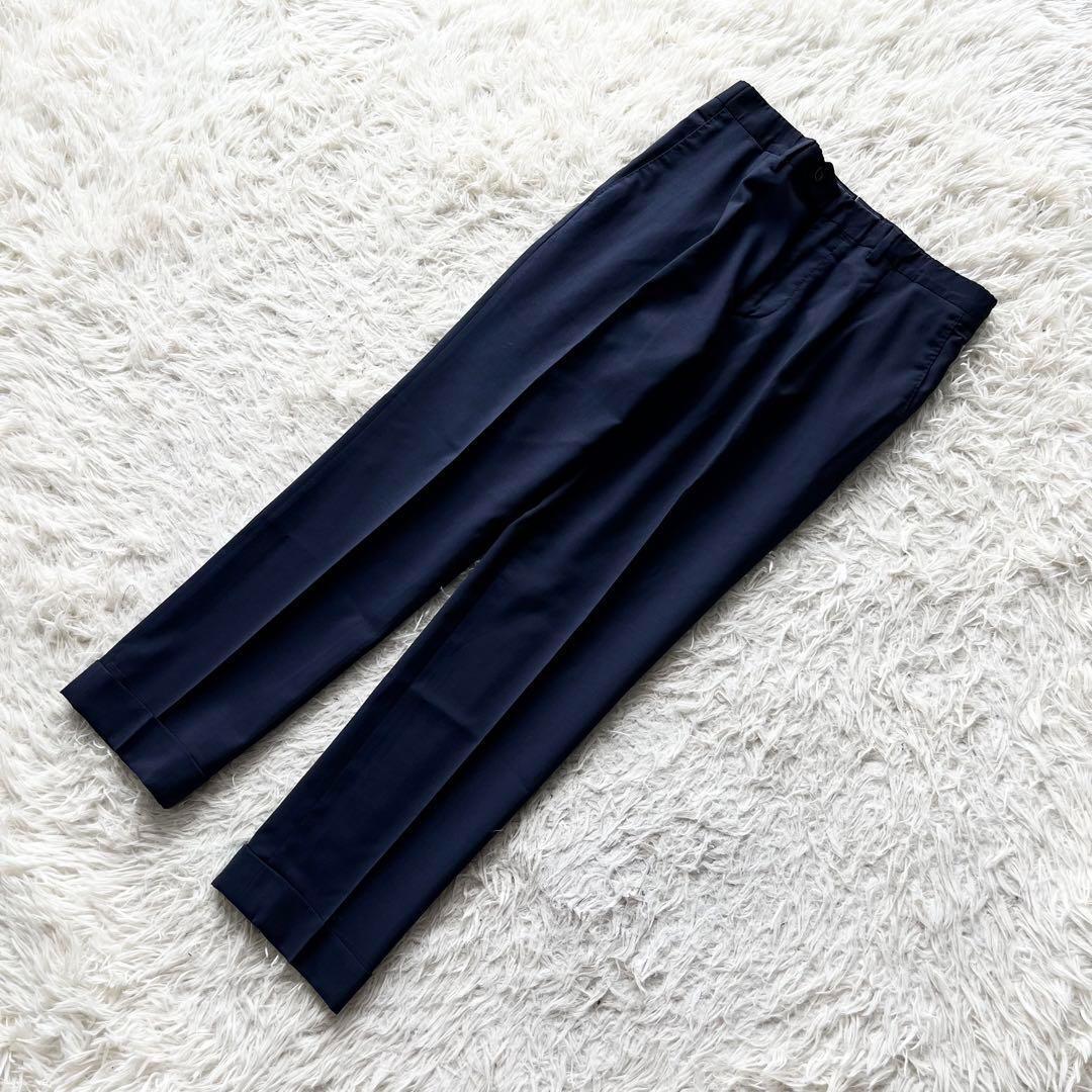 <美品>LARDINI 新ロゴ ネイビー ウール スーツ ブートニエール 46