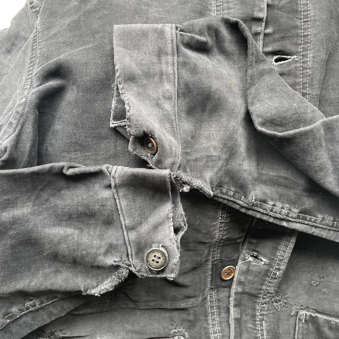 40s ブラックモールスキン ジャケット フランスヴィンテージ Vポケ 赤刺繍