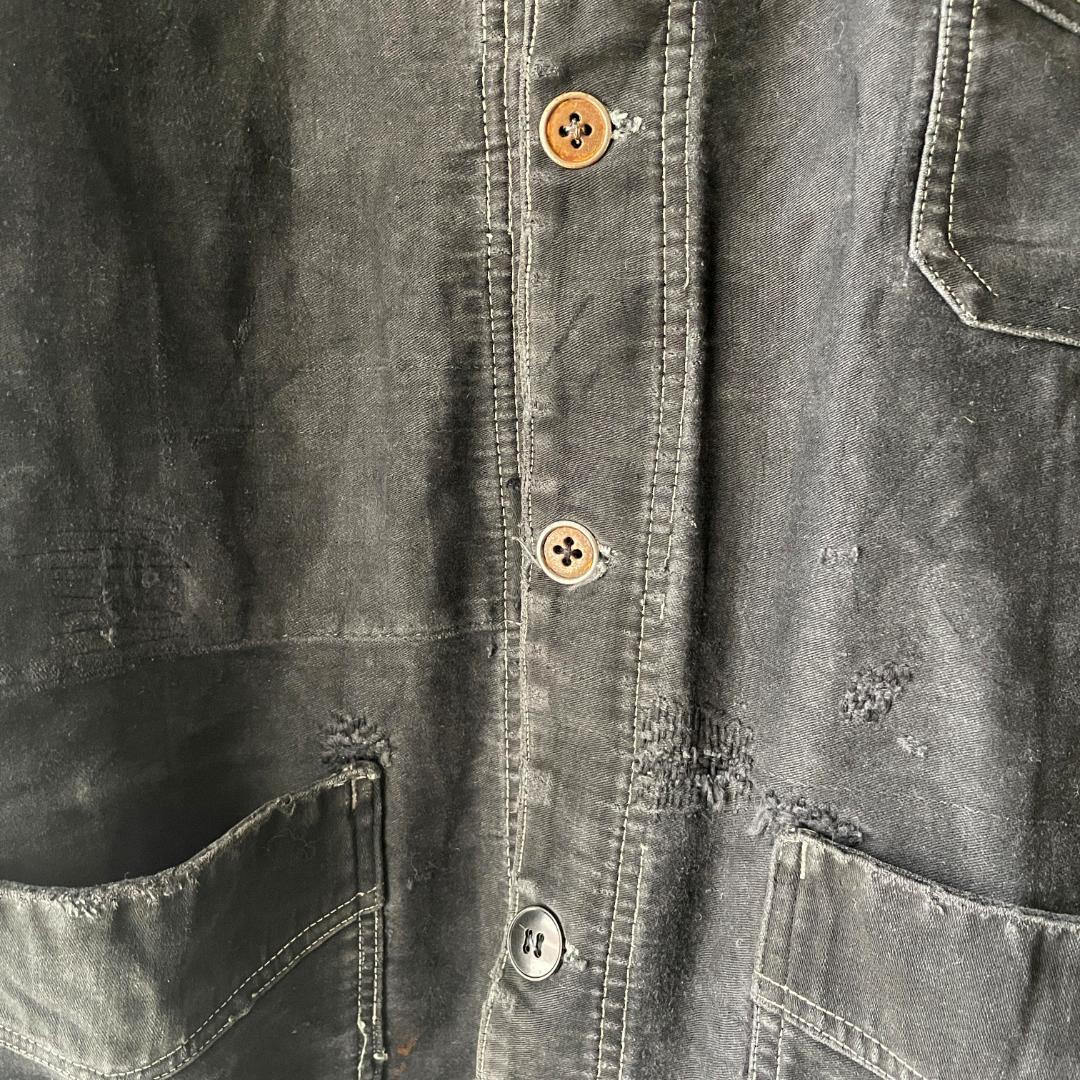 40s ブラックモールスキン ジャケット フランスヴィンテージ Vポケ 赤刺繍