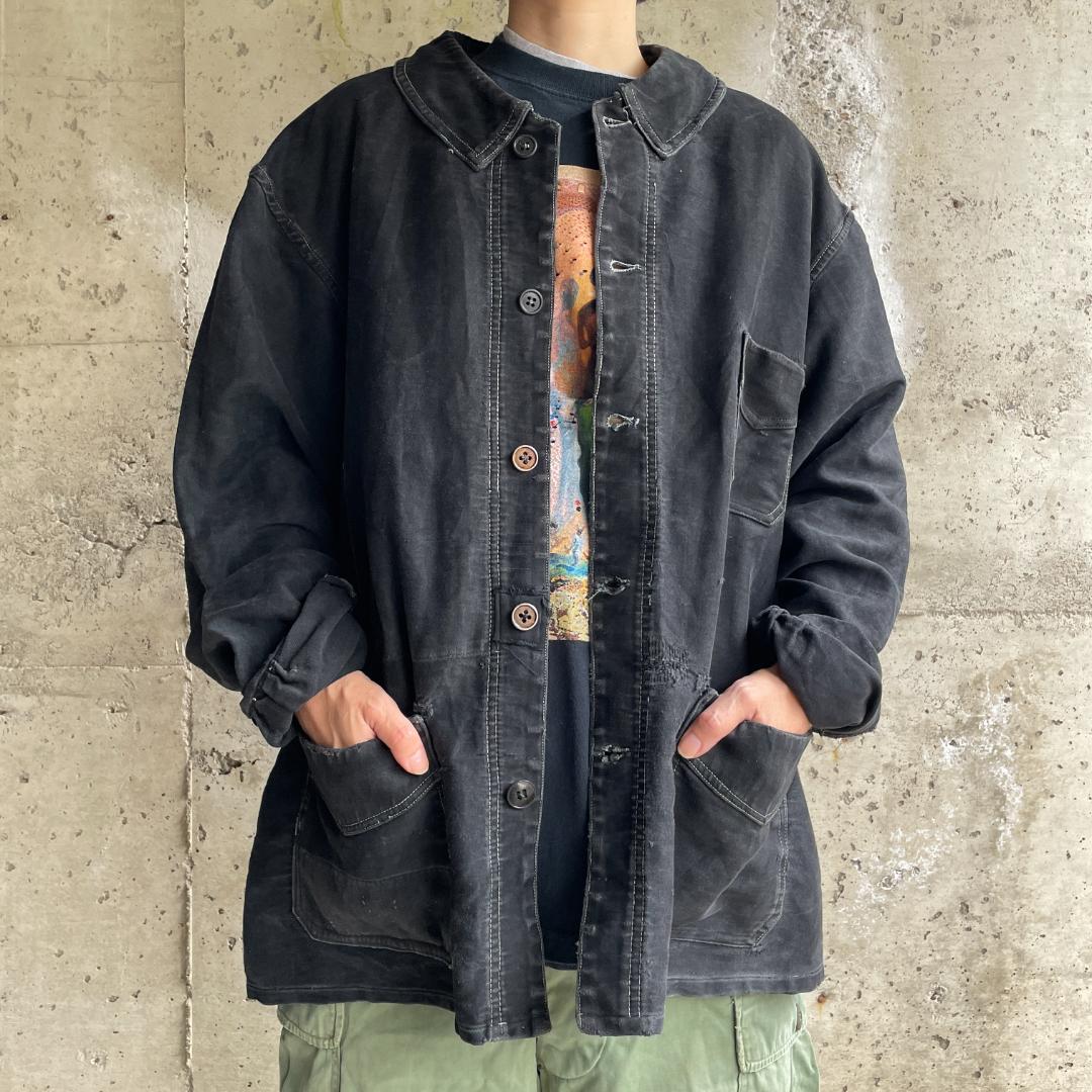 40s ブラックモールスキン ジャケット フランスヴィンテージ Vポケ 赤刺繍
