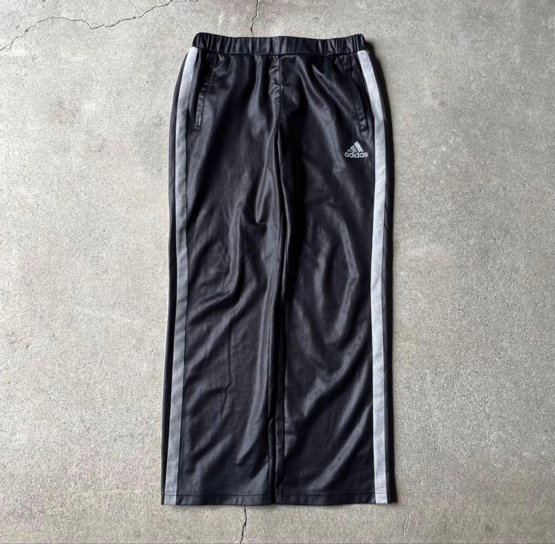 00s adidas レザーライク トラックパンツ ブラック シルバー 光沢