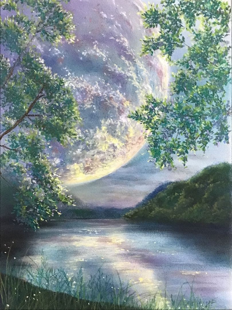 新春の月　絵画アート原画　パステル画