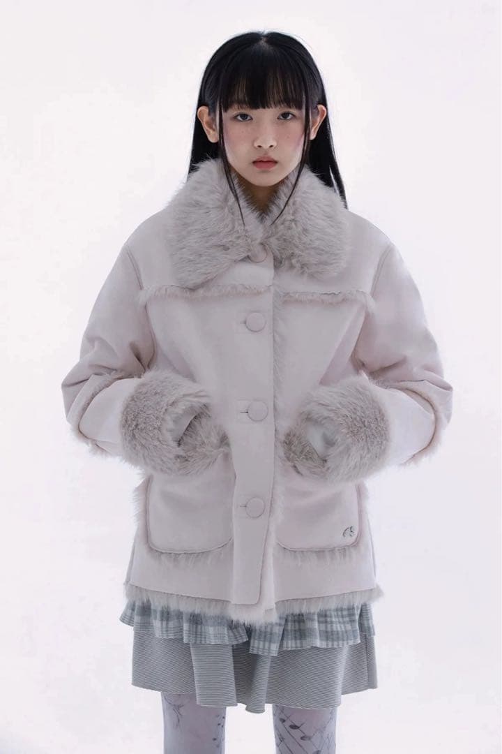 Hugyourskin ファー付き ライトピンク ジャケット